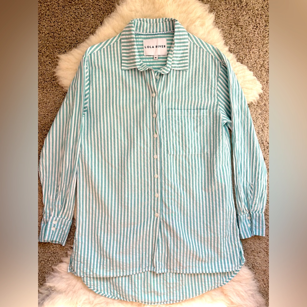 Anthropologie Lola River Striped Button Down Shirt Womens Size M Teal&White